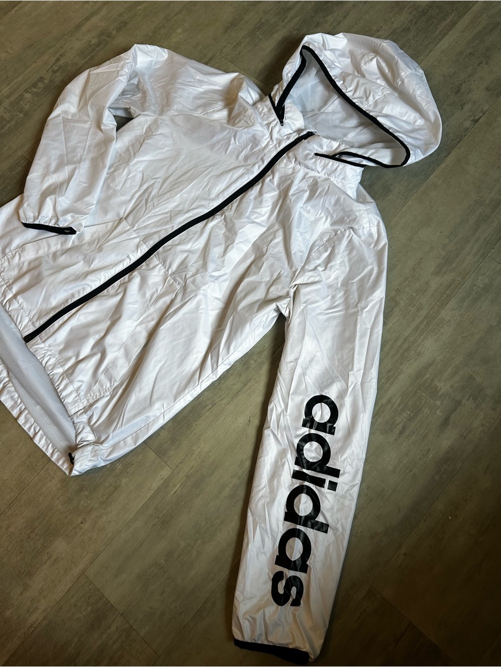 adidas White Hooded Windbreaker with Black Accents - Picture 2 of 9